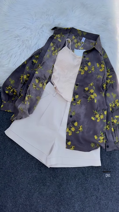 🌼 Effortlessly Chic Grey Floral Print Oversized Shirt & White Shorts Set 🤍