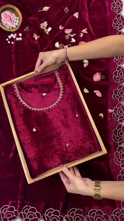 Wine Velvet Minimal Embellished Designer Blouse