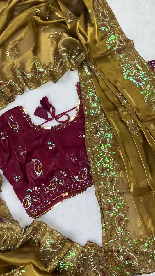 Wine Burgundy Silk Paisley Blouse with Olive Gold Shimmer Dupatta