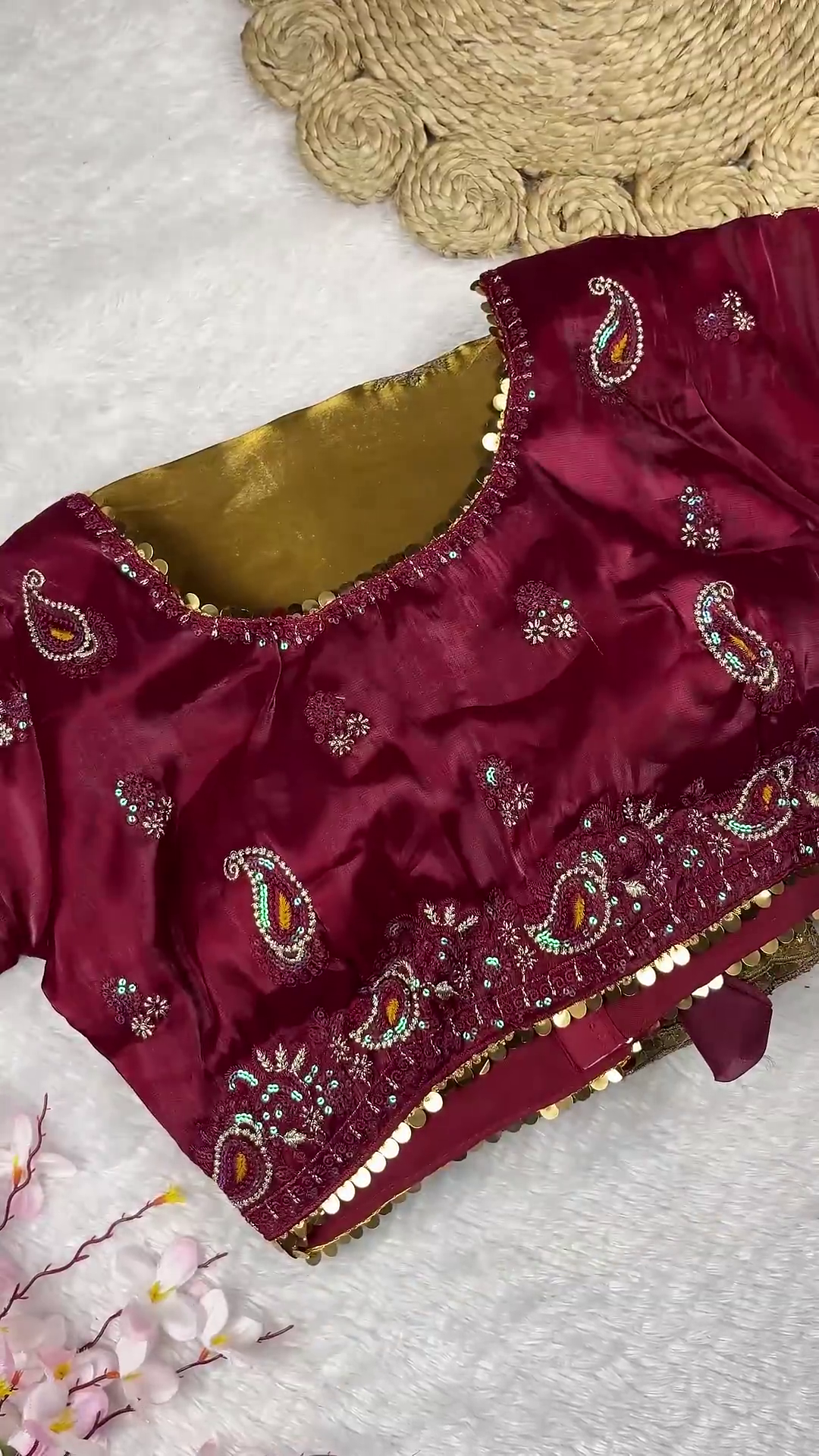 Wine Burgundy Silk Paisley Blouse with Olive Gold Shimmer Dupatta