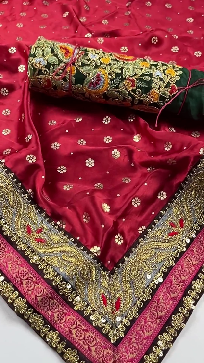 Maroon Silk Saree with Heavy Zari Border and Multi-Color Embroidered Blouse