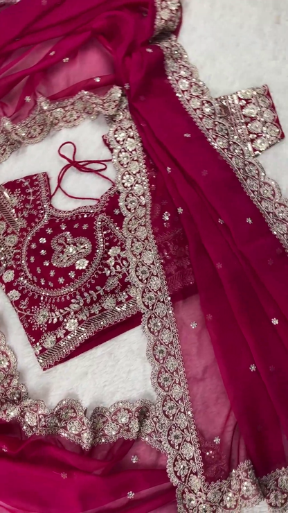 Rani Pink Velvet Bridal Blouse with Intricate Silver Zardosi Work