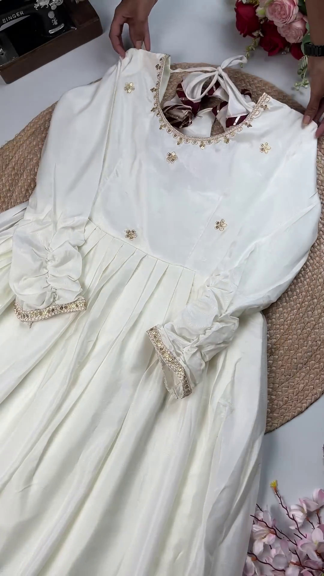 Pearl White Silk Anarkali Gown with Ruched Sleeves and Contrast Tie-Back