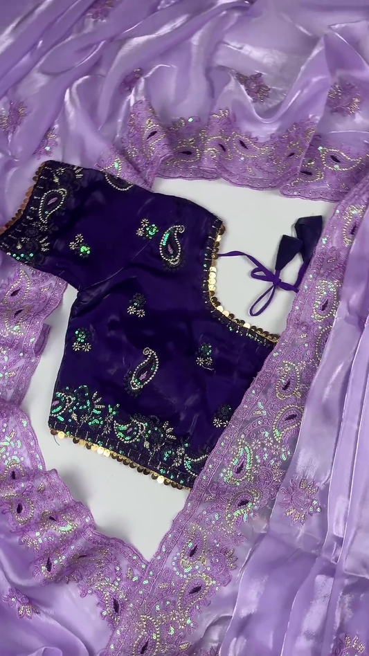 Royal Indigo Violet Silk Blouse with Lavender Scalloped Shimmer Dupatta