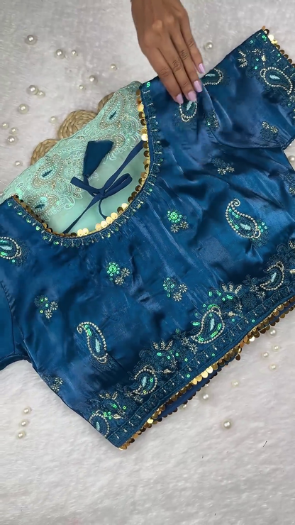 Teal Blue Silk Paisley Blouse with Mint Green Shimmer Dupatta