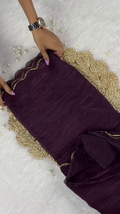 Deep Plum Wine Crinkle Georgette Saree with Delicate Scalloped Zari Border