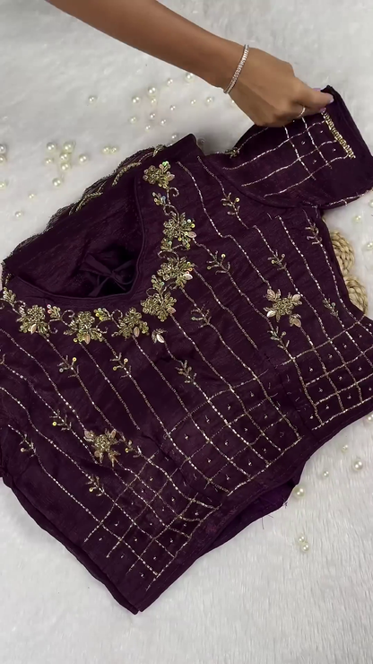 Deep Plum Wine Crinkle Georgette Saree with Delicate Scalloped Zari Border