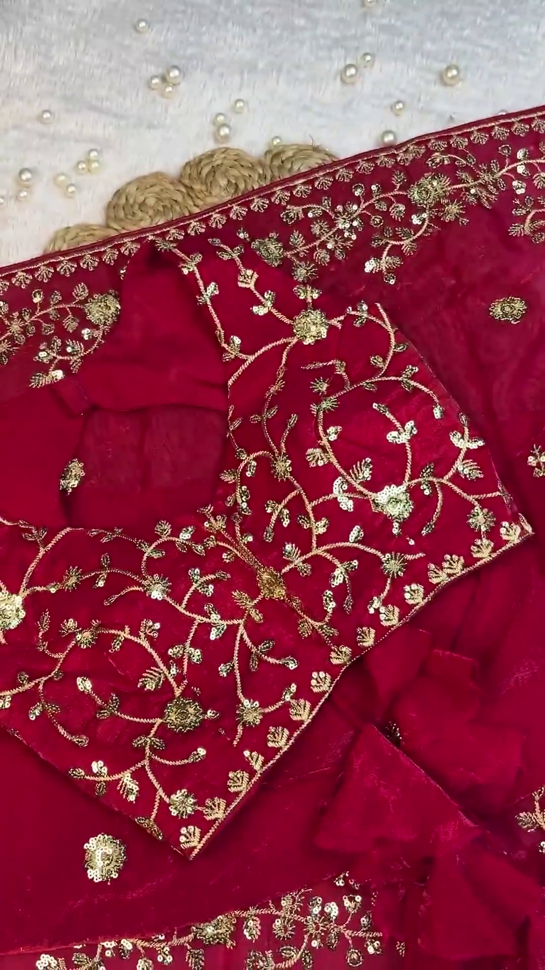 Ruby Red Velvet V-Neck Blouse with Gold Zari Floral Jaal
