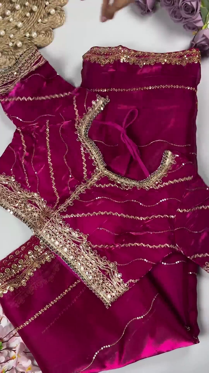 Magenta Pink Silk-Blend Blouse with Horizontal Wavy Sequin Embroidery
