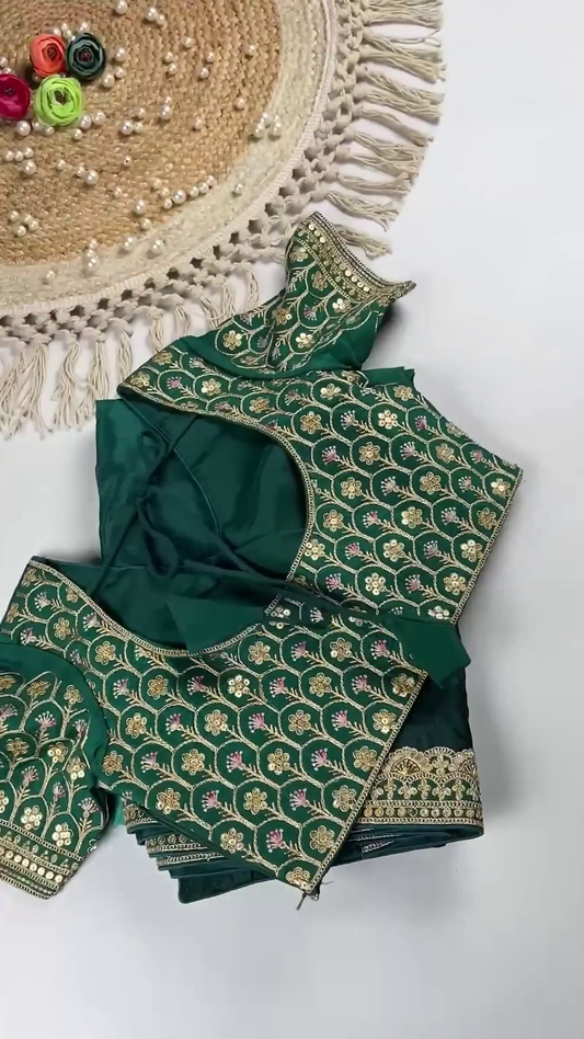 Emerald Green Silk Blouse with Scalloped Neckline and Heavy Embroidered Sleeves