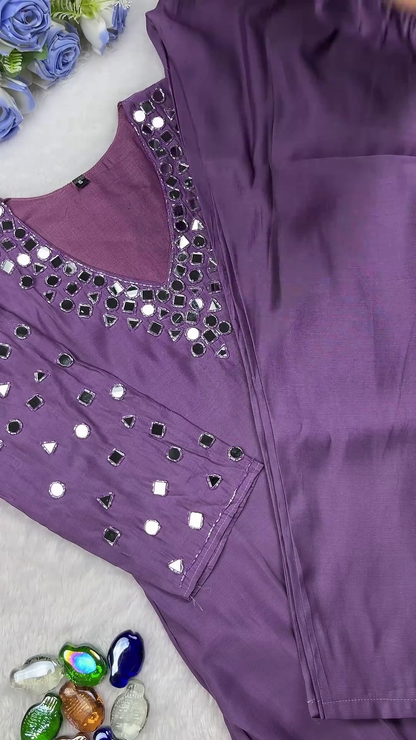 Mauve Lavender Cotton-Silk Kurti with Hand-Placed Mirror Work
