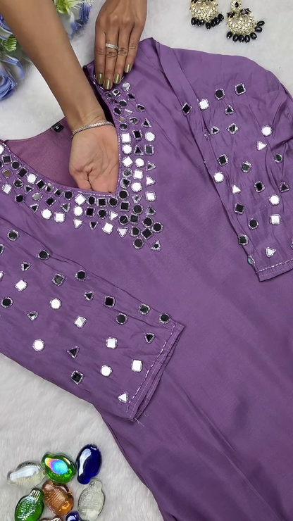 Mauve Lavender Cotton-Silk Kurti with Hand-Placed Mirror Work