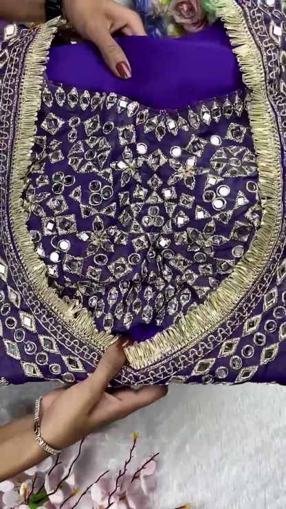 Royal Purple Silk Kurti with Geometric Mirror Work and Gota Fringe