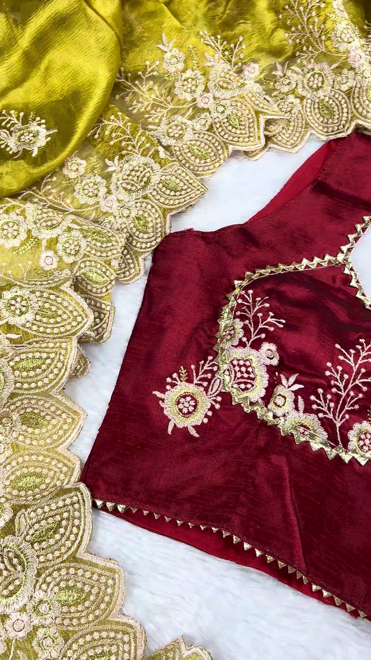 Maroon Velvet Heritage Blouse with Lime Gold Scalloped Saree Set