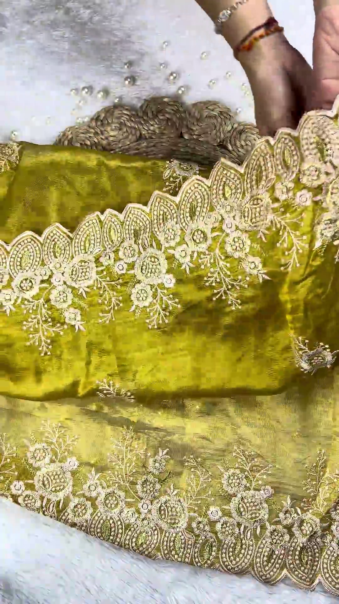 Maroon Velvet Heritage Blouse with Lime Gold Scalloped Saree Set