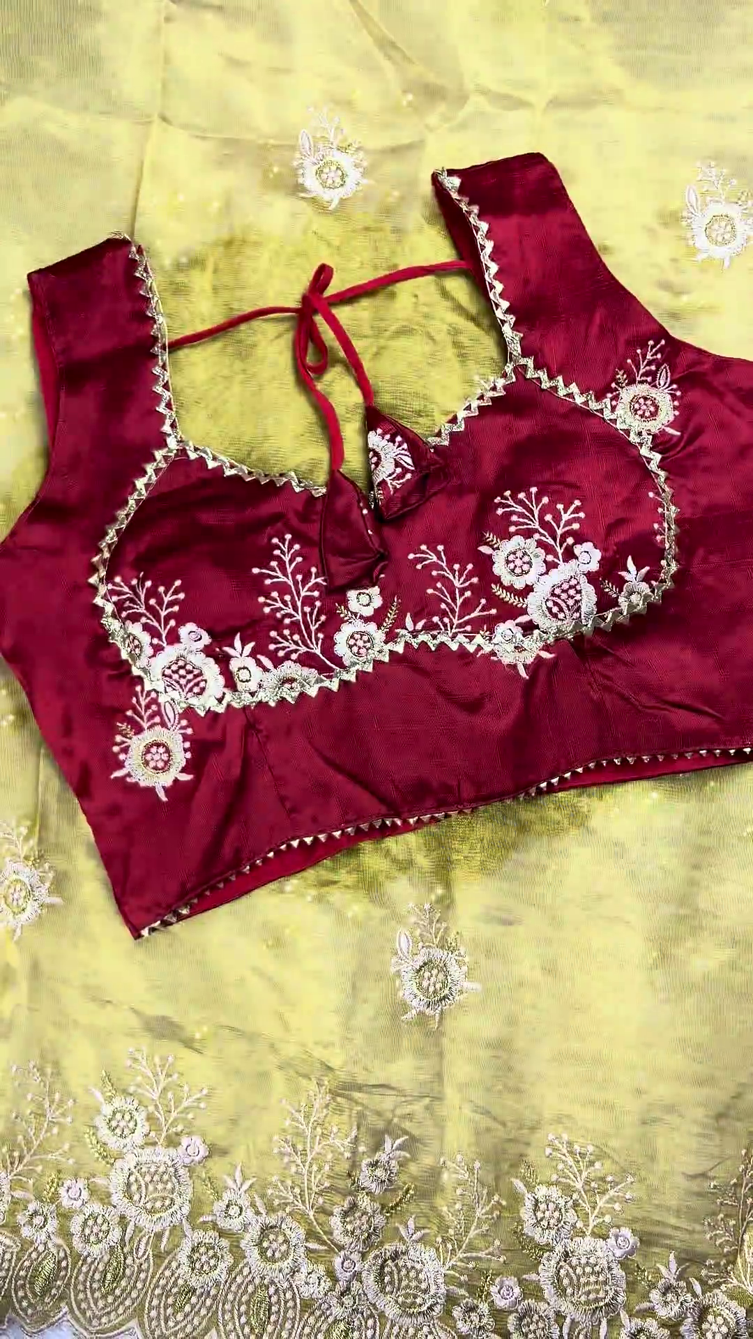Maroon Velvet Heritage Blouse with Lime Gold Scalloped Saree Set
