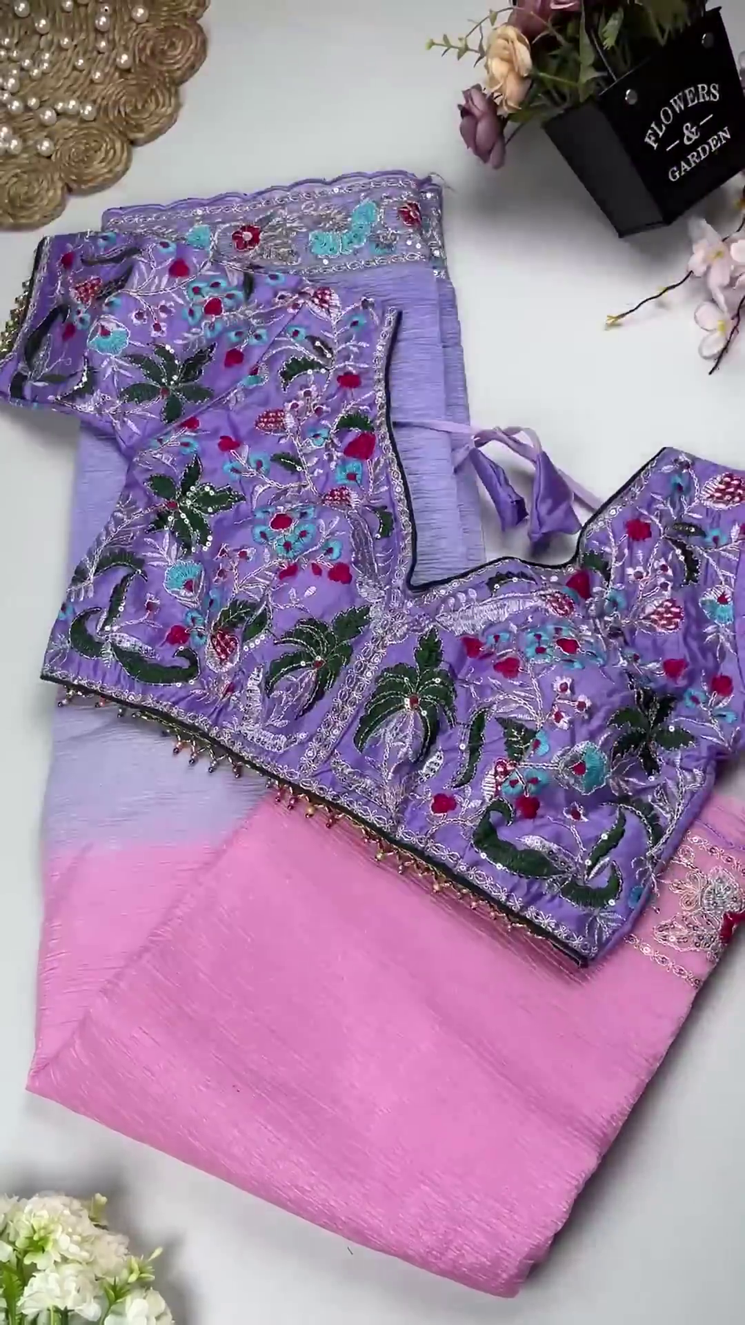 Turquoise Blue Floral Embroidered Blouse with Ombré Pink Crinkle Saree