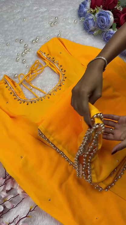 Tangerine Orange Georgette Suit with Pearl-Bead Lattice and Scalloped Embroidery
