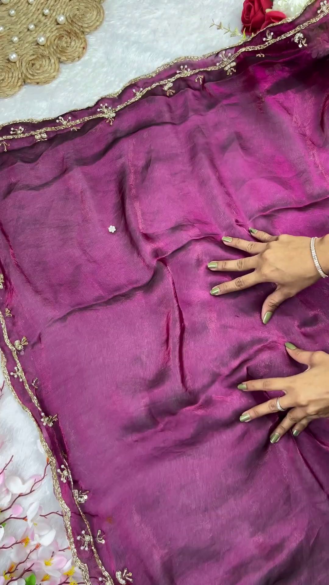Plum Silk Blouse with Gold Zari Vine Embroidery
