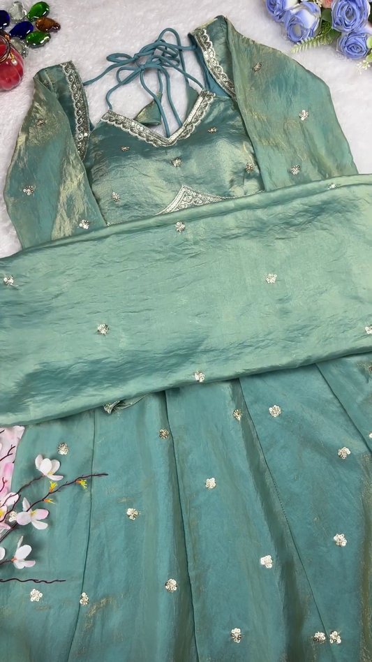 Sage Green Shimmer Silk Anarkali with Scalloped Zari Borders