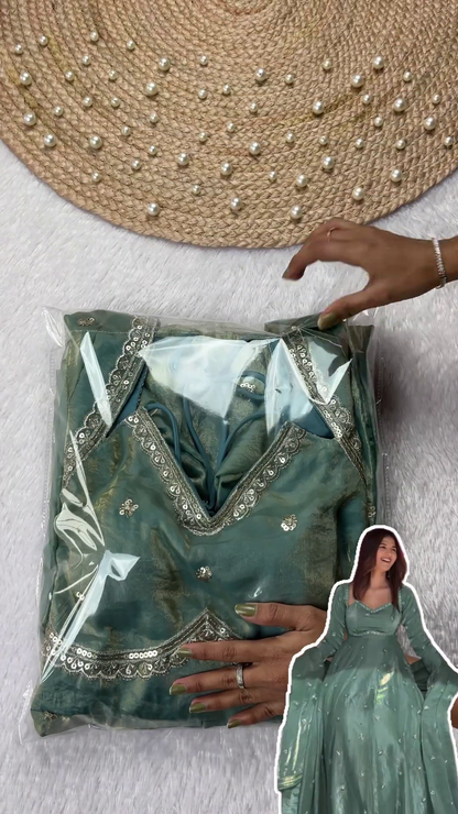 Sage Green Shimmer Silk Anarkali with Scalloped Zari Borders