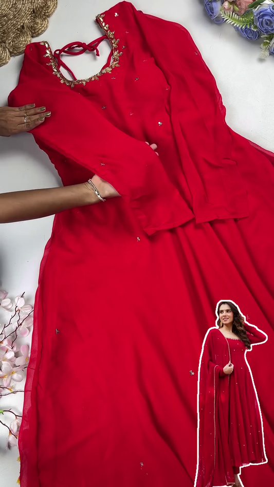 Ruby Red Georgette Anarkali Gown with Zari Embroidered Neckline