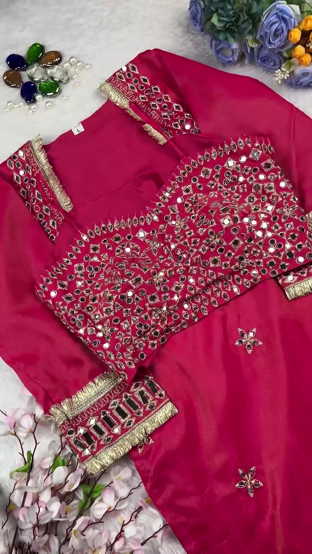Hot Pink Silk Kurti with Geometric Mirror Mosaic and Gota Fringe