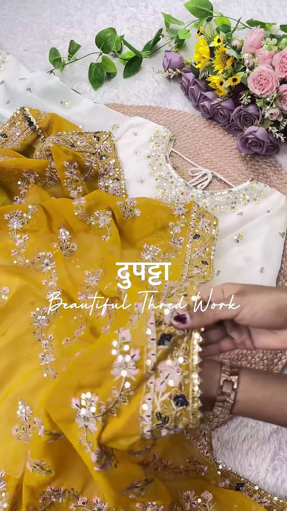 White Georgette Flared Anarkali with Sequin Floral Embroidery