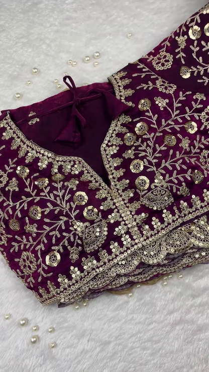 Plum Velvet Heritage Blouse and Scalloped Saree Set