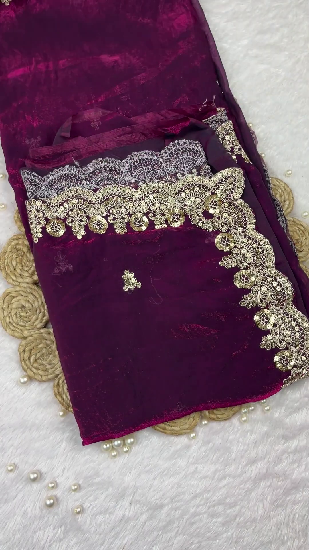 Plum Velvet Heritage Blouse and Scalloped Saree Set