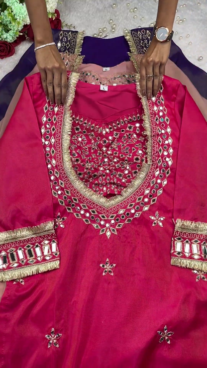 Radiant Rani Pink Silk Kurti with Geometric Mirror Work and Gota Fringe