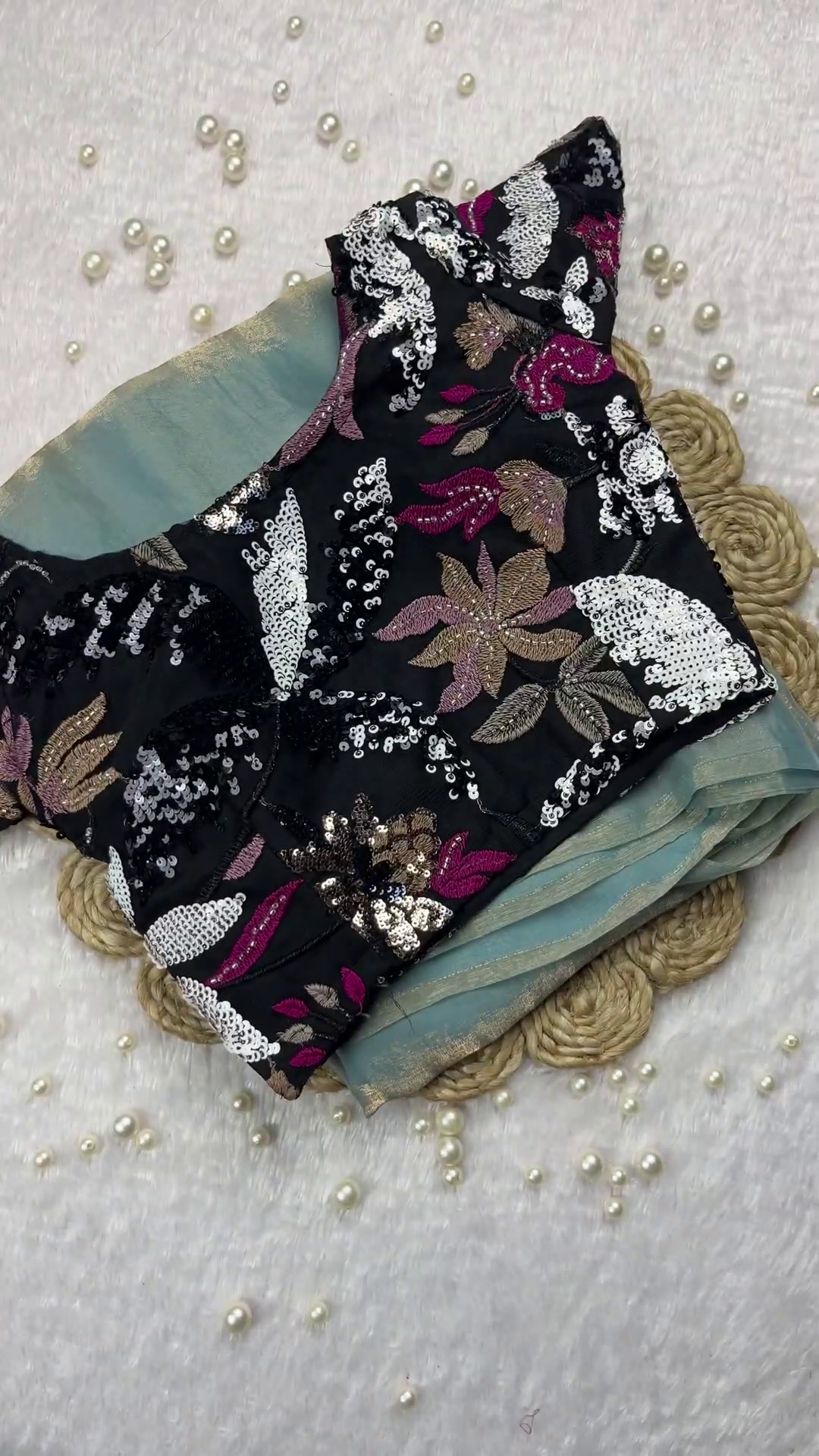Midnight Black Sequin Floral Blouse with Mint Green Shimmer Saree
