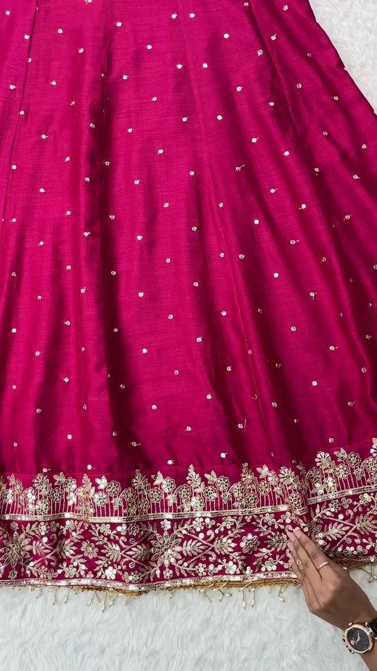 Magenta Silk Tunic with Scalloped Floral Zari Embroidery