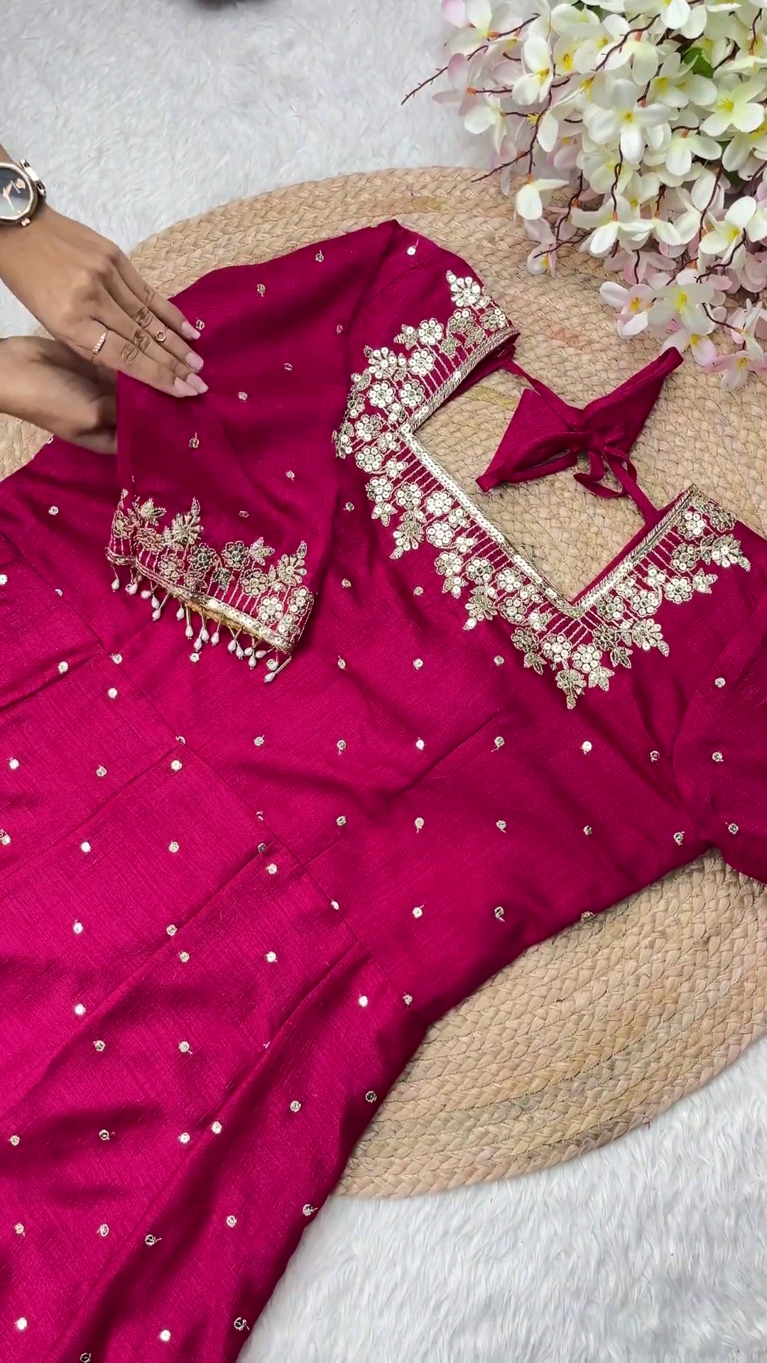 Magenta Silk Tunic with Scalloped Floral Zari Embroidery