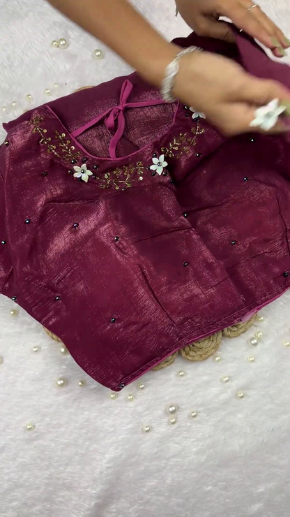 Dusty Rose Shimmer Tunic with 3D Floral Appliqués and Scalloped Border