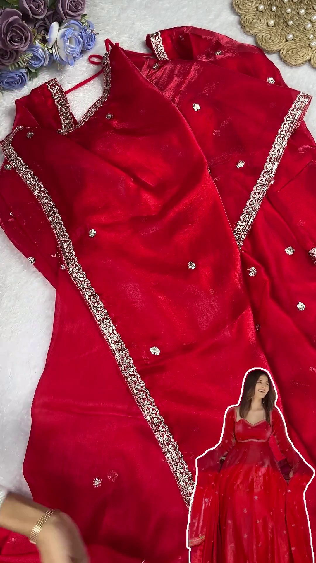 Ruby Red Shimmer Silk Anarkali with Scalloped Zari Borders