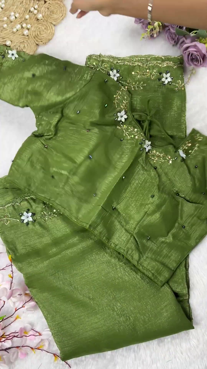 Shimmer Silk Tunic and Saree Set with 3D Floral Neckline
