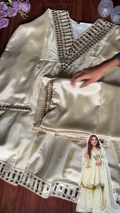 Cream Shimmer Silk Anarkali with Geometric Mirror Mosaic