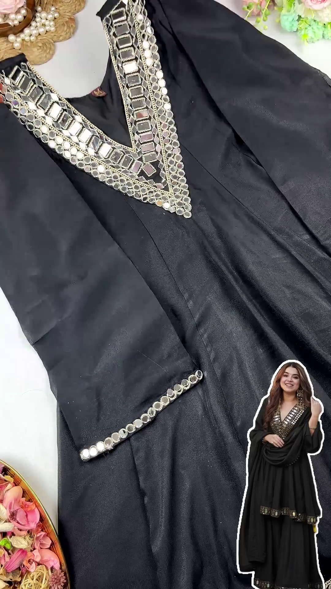 Midnight Black Velvet Anarkali with Geometric Mirror Mosaic and Pearl-Drop Dupatta