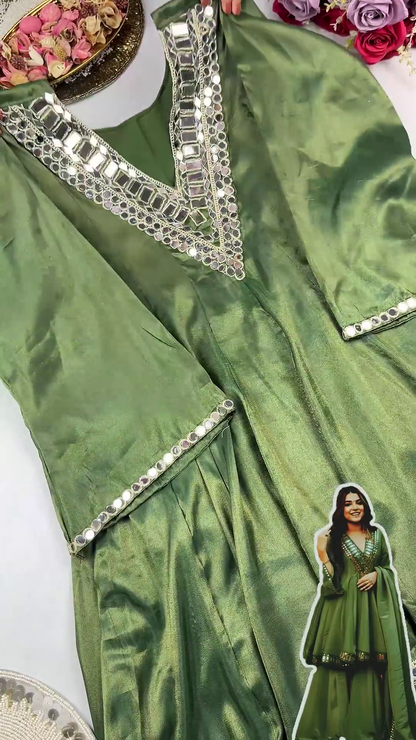 Olive Green Shimmer Silk Anarkali with Geometric Mirror Mosaic