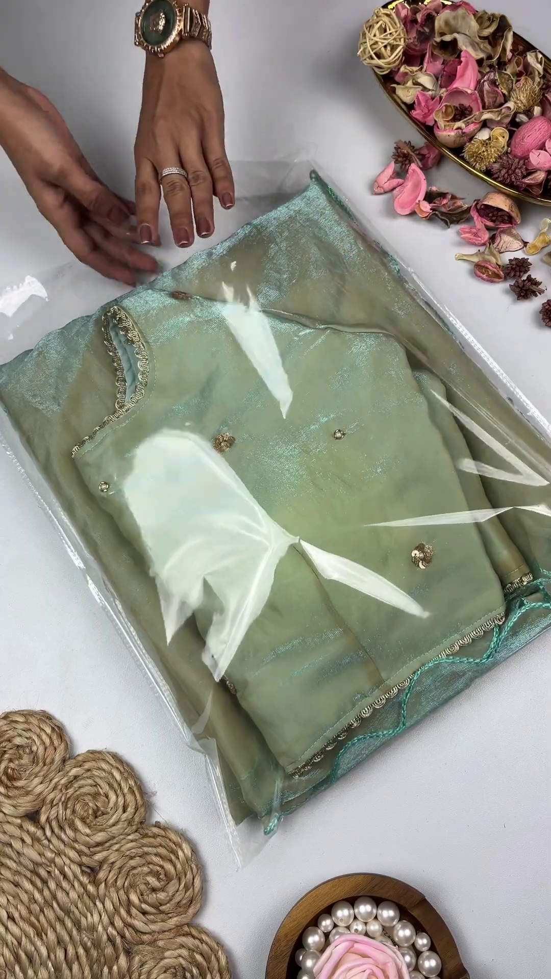 Seafoam Mint Shimmer Silk Blouse with Scalloped Zari Border