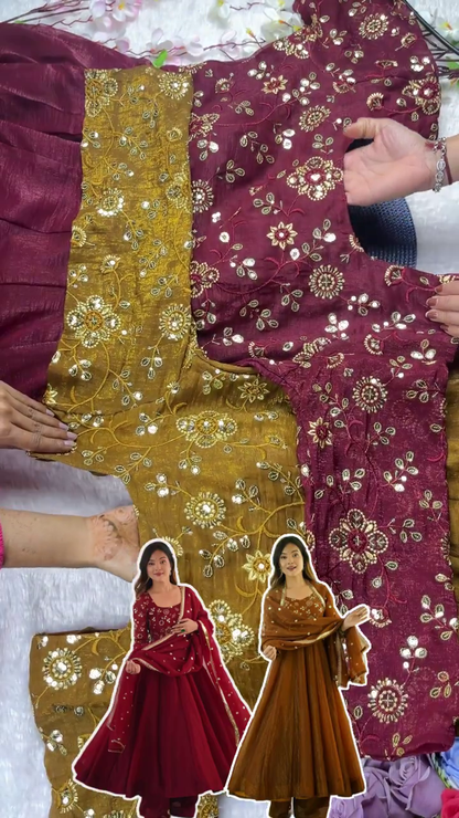 Floral Zari Embroidered Silk Anarkali with Sequin Buttis