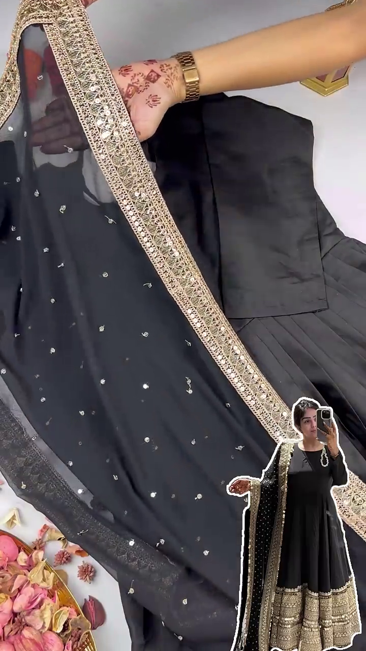 Midnight Black Silk Anarkali with Geometric Zari Border