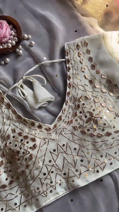 Ivory Georgette Blouse with Geometric Gota-Patti and Sequin Stripes