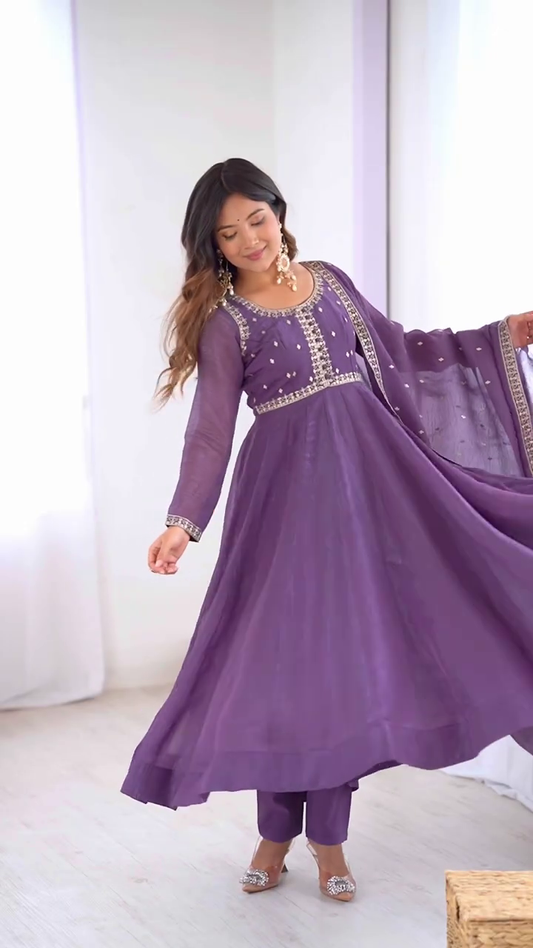 Dusty Purple Georgette Anarkali with Embroidered Bodice and Saree Set