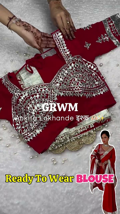 Crimson Red Silk Blouse with Half-Moon Geometric Mirror Mosaic