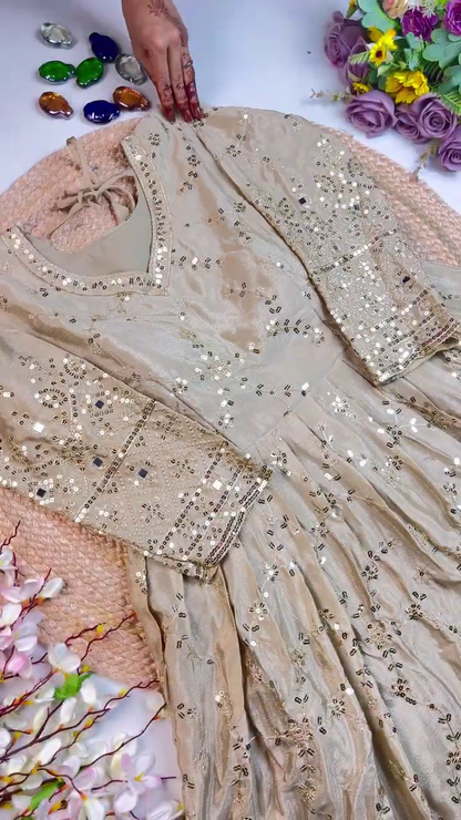 Jewel-Toned Shimmer Silk Anarkali with Geometric Mirror-Work Sleeves