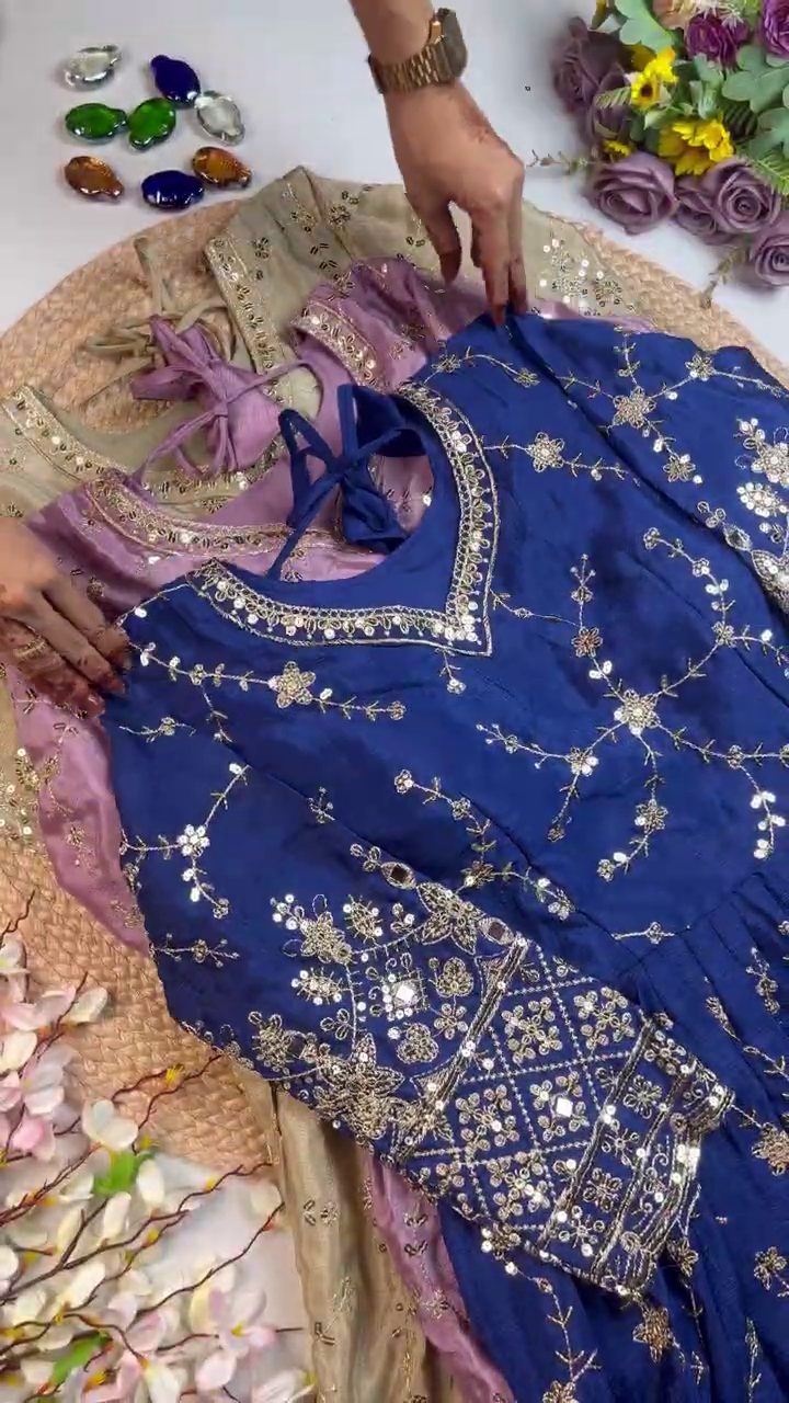 Jewel-Toned Shimmer Silk Anarkali with Geometric Mirror-Work Sleeves