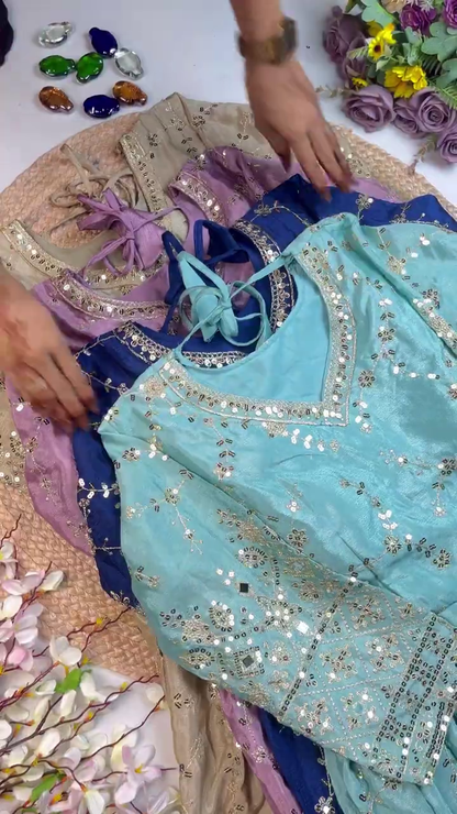 Jewel-Toned Shimmer Silk Anarkali with Geometric Mirror-Work Sleeves