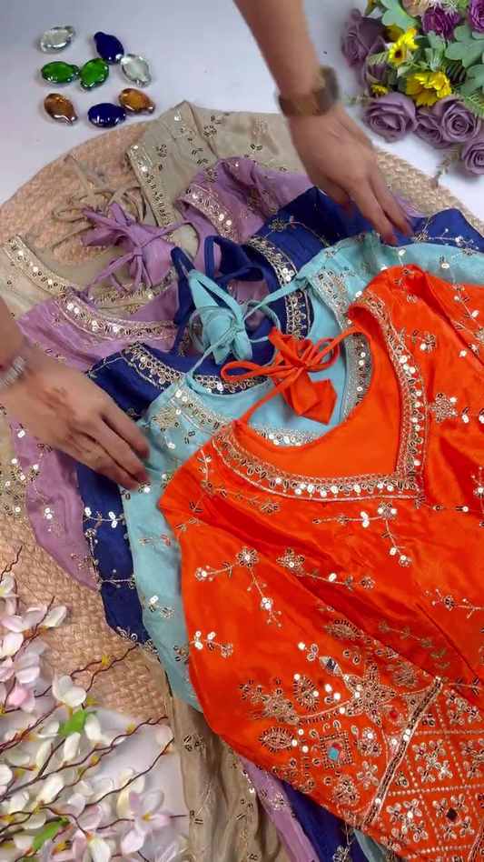 Jewel-Toned Shimmer Silk Anarkali with Geometric Mirror-Work Sleeves